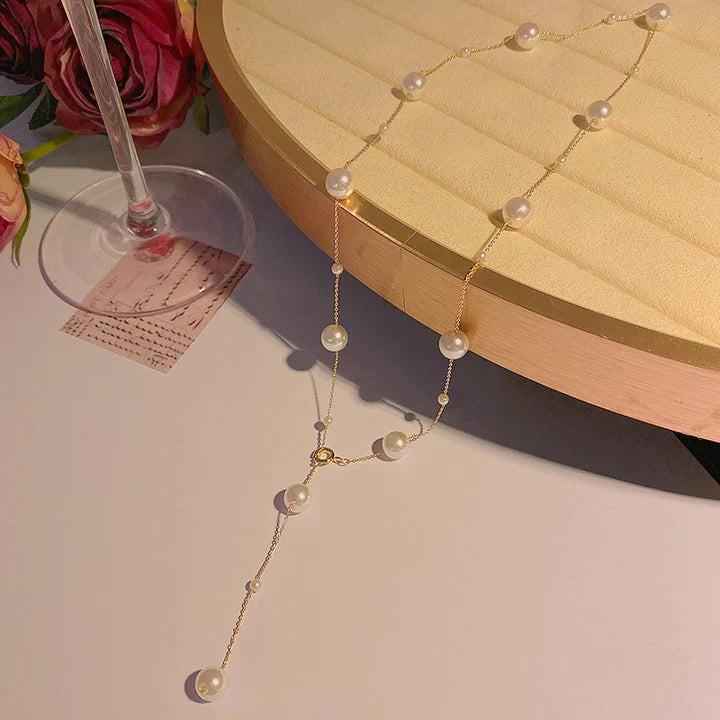 Gold Pearl Drop Necklace with Elegant Y-Design