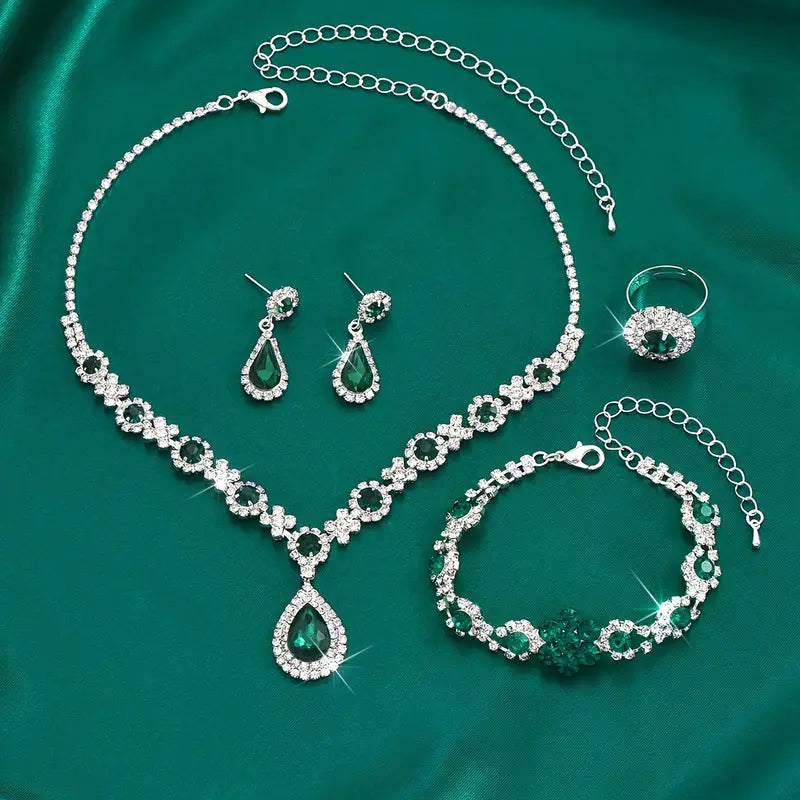 Emerald Teardrop &amp; Blossom Jewelry Set