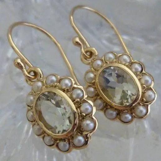 Vintage Gold Drop Earrings with Pearls and Crystal