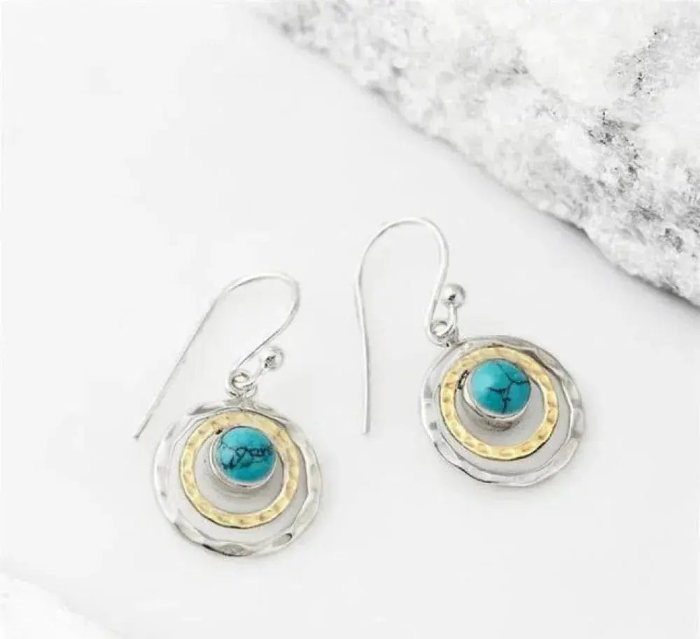 Boho Saturn Earrings with Turquoise Accent in Silver Tone