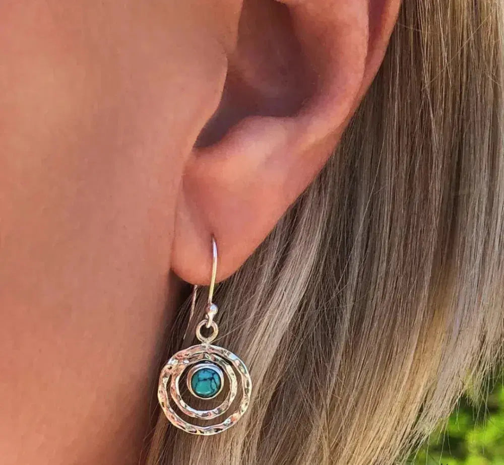 Boho Saturn Earrings with Turquoise Accent in Silver Tone