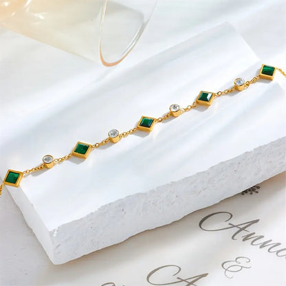 Emerald Green Square and Crystal Gold-Tone Bracelet