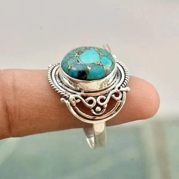 Boho Turquoise Statement Ring with Vintage Silver Filigree
