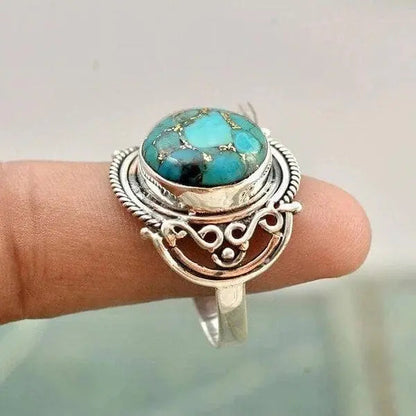Boho Turquoise Statement Ring with Vintage Silver Filigree