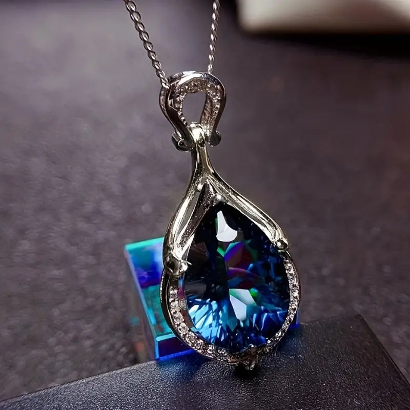 Teardrop Blue Crystal Pendant Necklace with Silver Accents