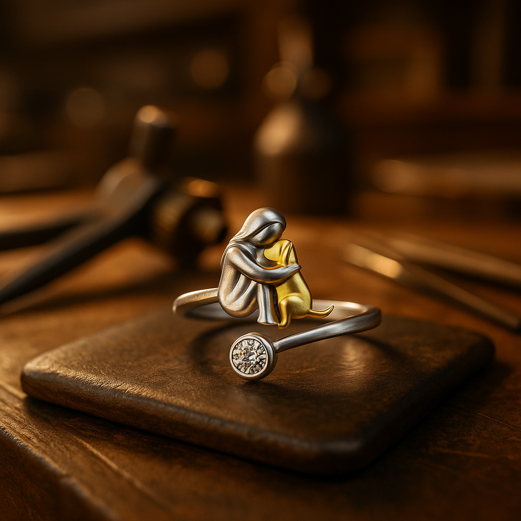 Woman and Dog Embrace Ring in Silver and Gold Tone with Crystal Accent