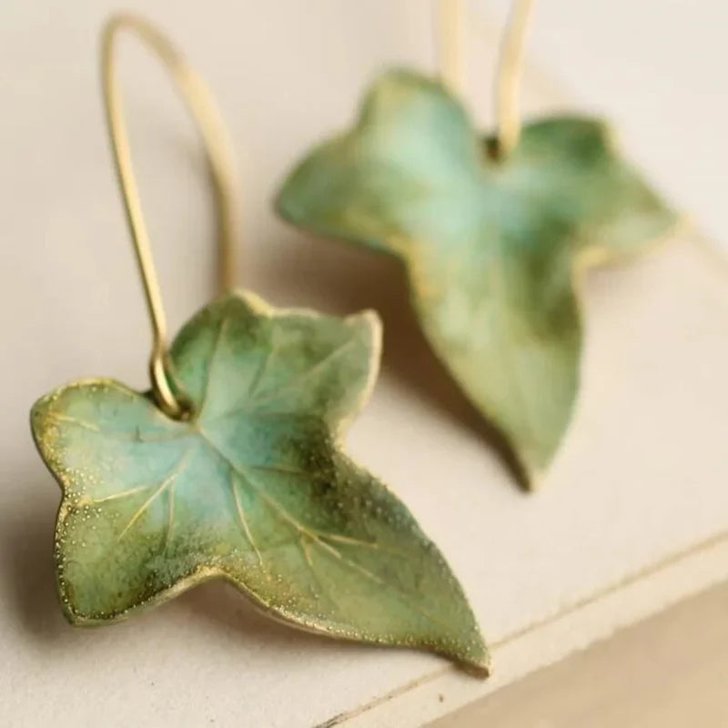 Ivy Leaf Drop Earrings in Green and Gold
