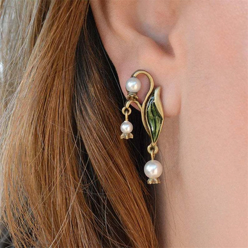 Lily Leaf Enamel Earrings with Pearls