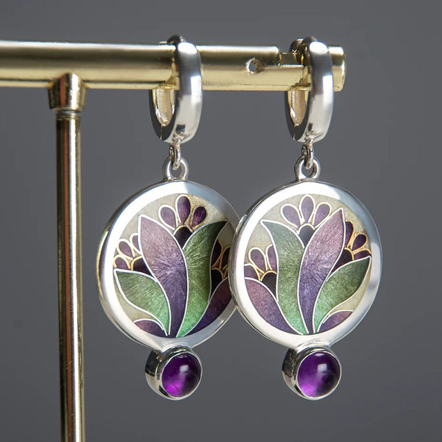 Art Nouveau Floral Earrings with Amethyst Accent