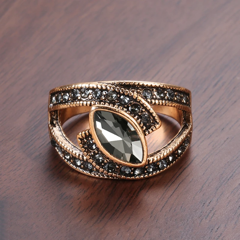 Vintage Black Crystal Marquise Ring in Antique Gold