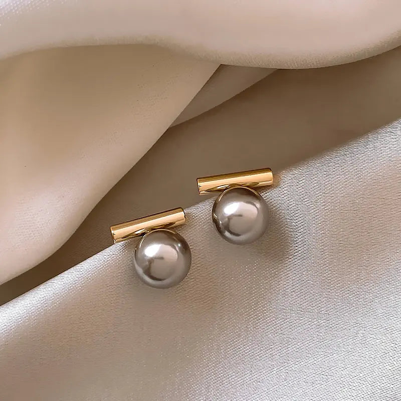 Modern Gold Bar and Silver Pearl Earrings