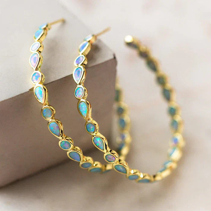 Gold Hoop Earrings with Teardrop Opal Accents