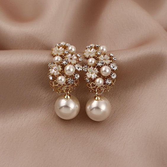 Floral Pearl Drop Earrings with Crystals in Gold