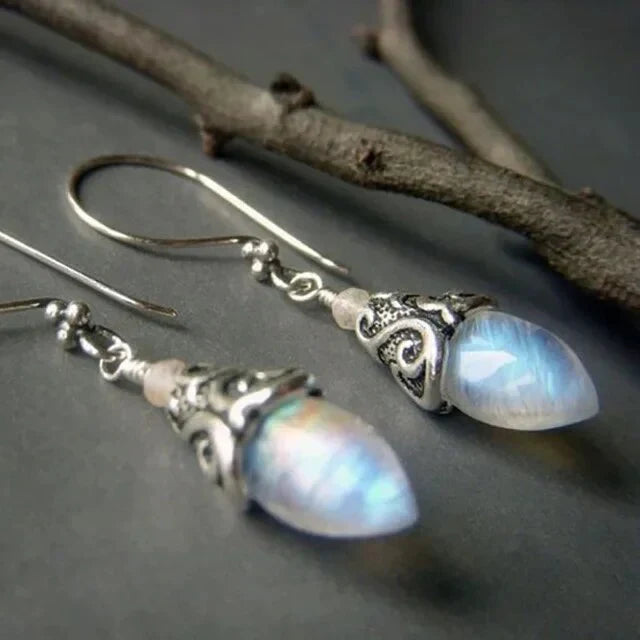 Moonstone Drop Earrings with Vintage Silver Filigree