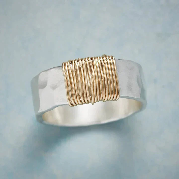 Hammered Silver Band Ring with Wrapped Gold Wire