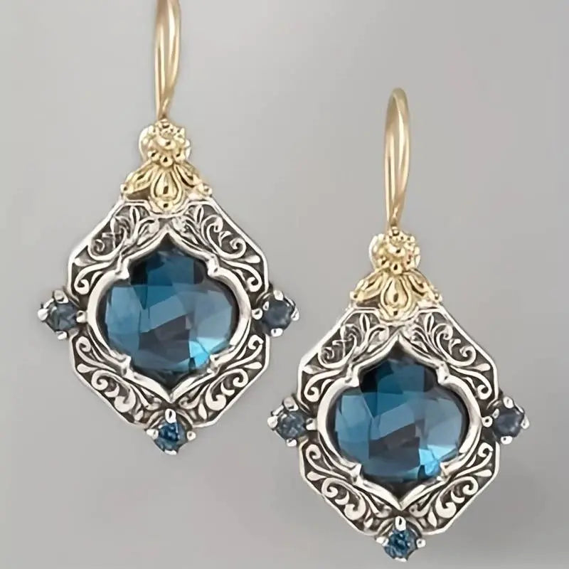 Blue Crystal Filigree Earrings in Gold and Silver