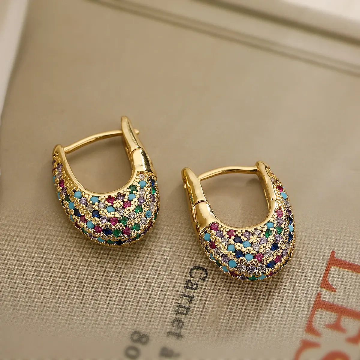 Colorful Crystal Pavé Hoop Earrings in Gold Tone
