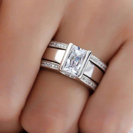 Rectangular Gemstone Silver Band Ring with Accented Sides