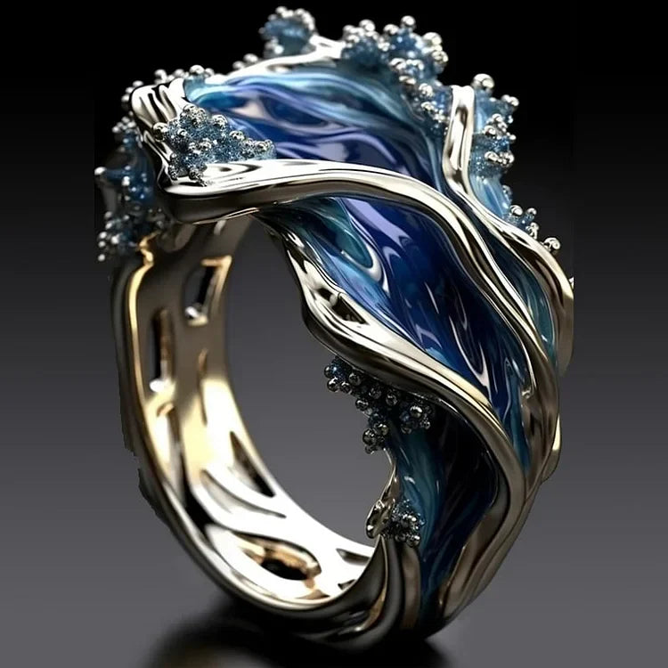 Ocean Wave Blue Enamel Sculpted Ring with Silver Accents