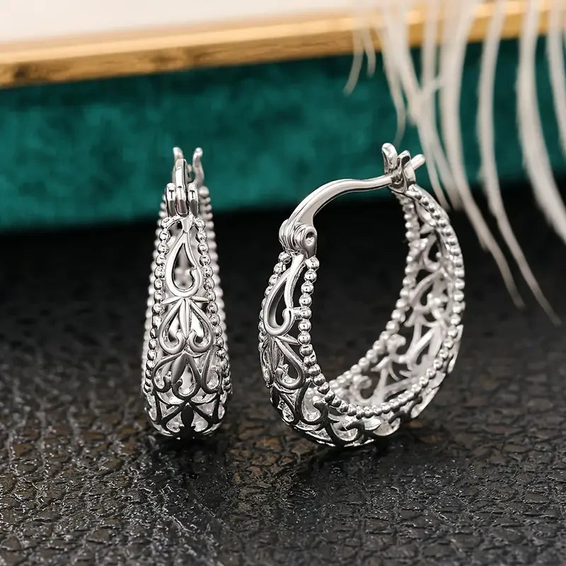Vintage Filigree Hoop Earrings in Silver Tone