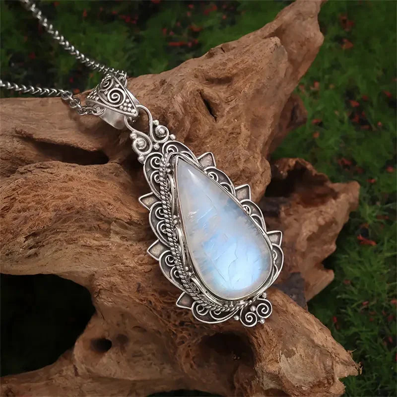 Moonstone Teardrop Pendant Necklace with Vintage Filigree