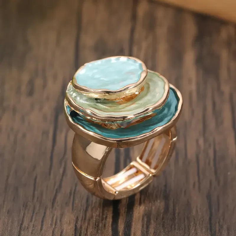 Layered Aqua Enamel Gold-Tone Statement Ring