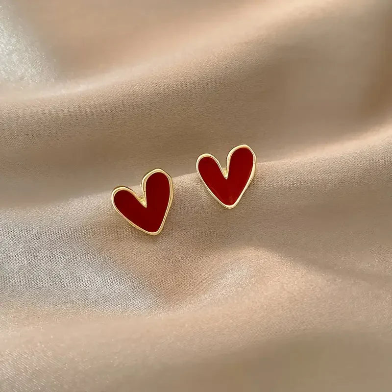 Red Heart Stud Earrings in Gold