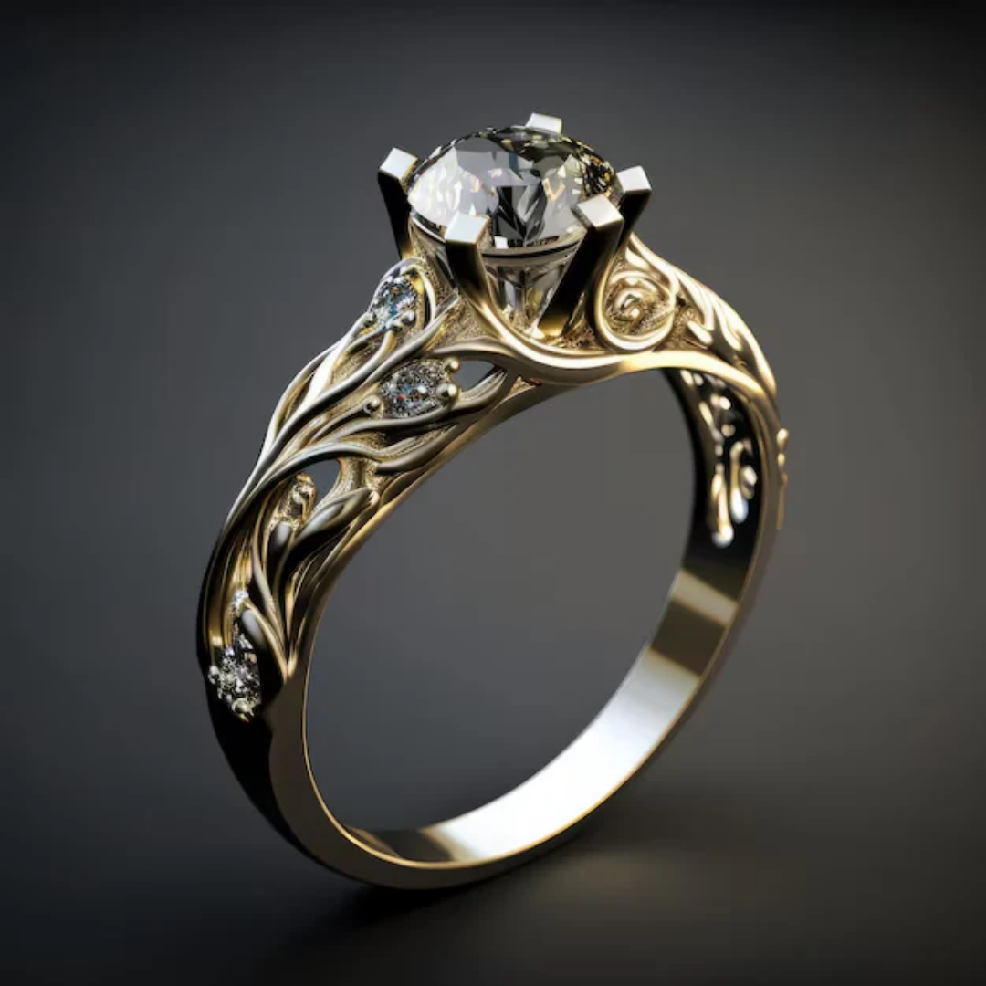Art Nouveau Gold Filigree Ring with Leaf Motif and Brilliant Center Stone