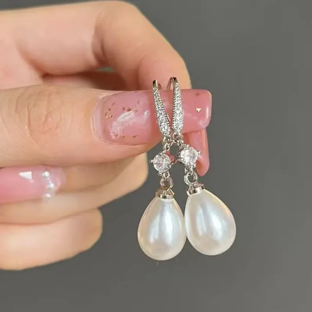 Teardrop Pearl Drop Earrings with Crystal Accents