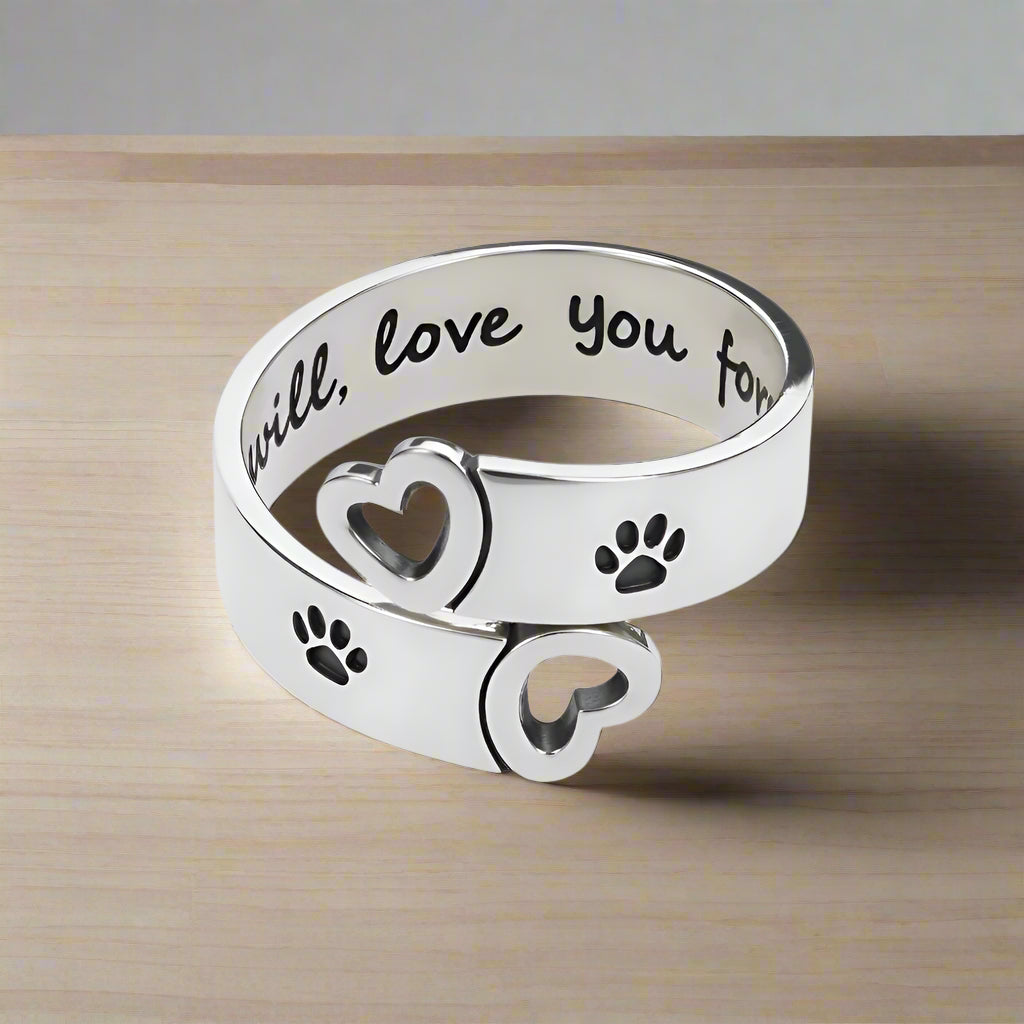 Twisted Heart and Paw Print Ring with Forever Love Inscription