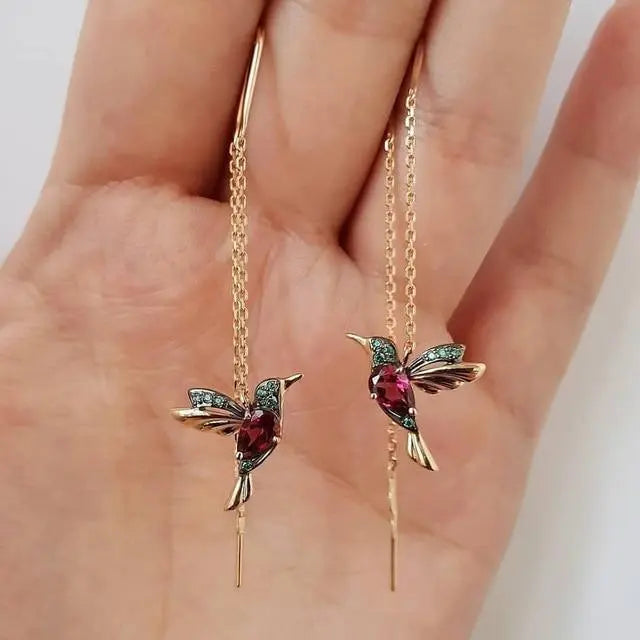 Hummingbird Drop Earrings in Gold with Garnet Crystal