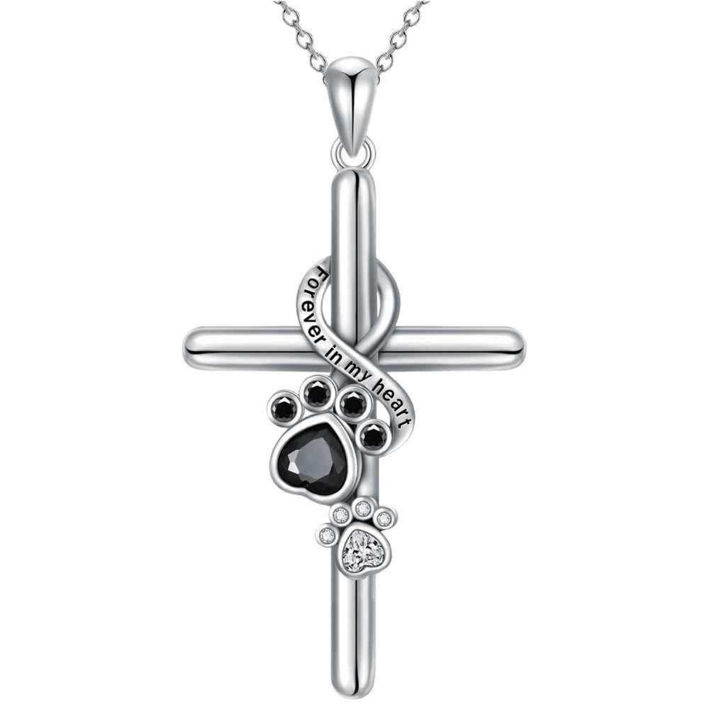 Infinity Cross Pawprint Necklace in Silver with Black and Clear Stones